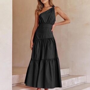 Black Asymmetric Shoulder Knotted Midi‎ Dress XL Commense NWT